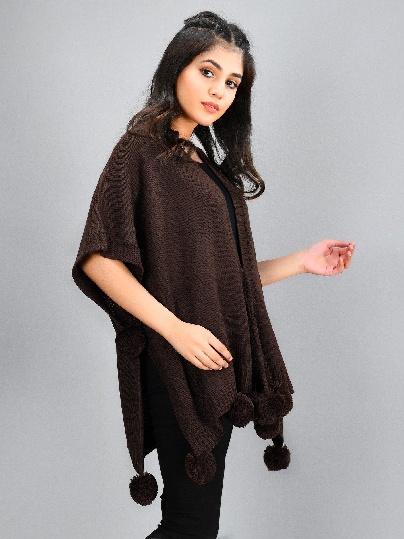 Pompom Detail Cape Shawl - Dark brown