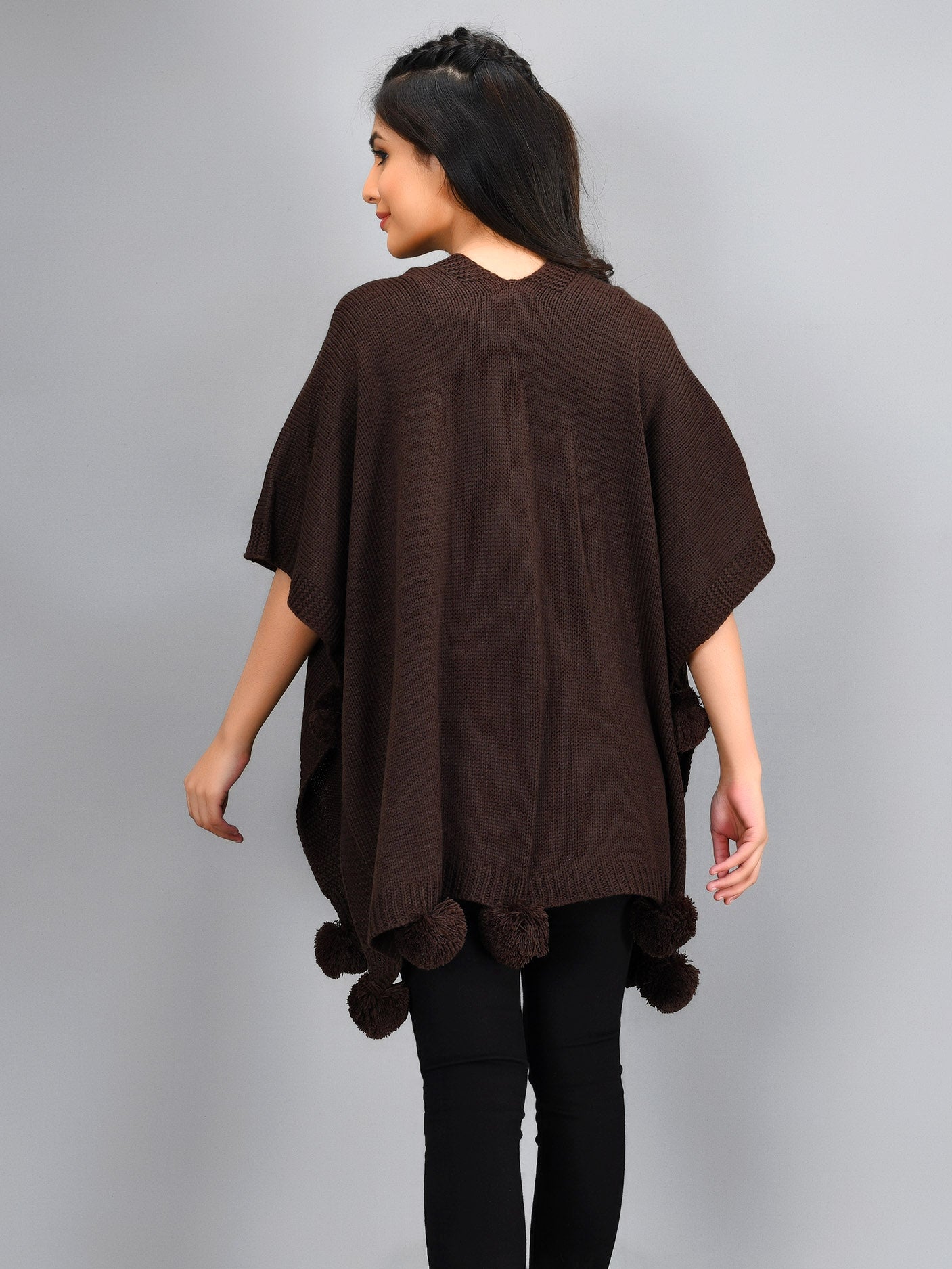 Pompom Detail Cape Shawl - Dark brown