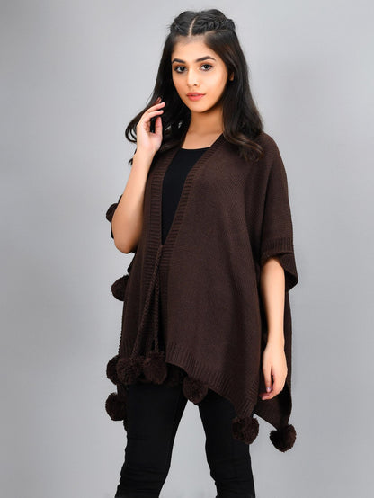 Pompom Detail Cape Shawl - Dark brown